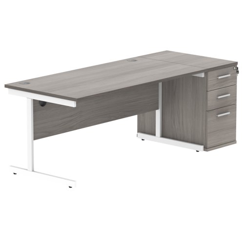 Single Upright Rectangular Desk + Desk High Pedestal 1600 X 800 Alaskan Grey Oak/White