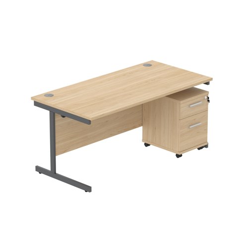 Single Upright Rectangular Desk + 2 Drawer Mobile Under Desk Pedestal (FSC) 1600 X 800 Canadian Oak/Graphite