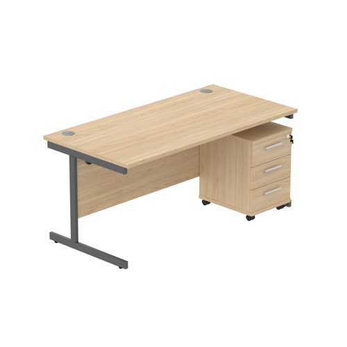 Single Upright Rectangular Desk + 3 Drawer Mobile Under Desk Pedestal  1600 X 800 Canadian Oak/Graphite