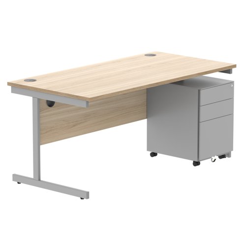 CORE Single Upright Rectangular Desk + Under Desk Steel Pedestal 3 Drawers 1600 X 800 Canadian Oak/Silver