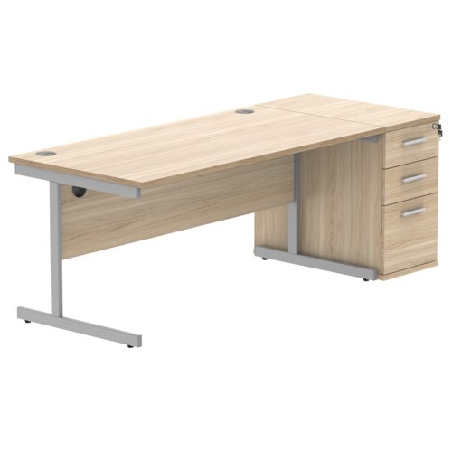 Single Upright Rectangular Desk + Desk High Pedestal (FSC) 1600 X 800 Canadian Oak/Silver