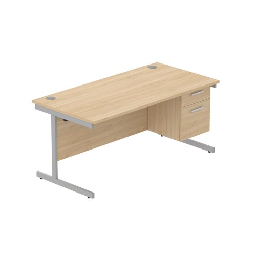 Office Rectangular Desk with Steel Single Upright Cantilever Legs + 2 Drawer Fixed Pedestal  1600X800 Canadian Oak/Silver