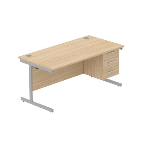 Office Rectangular Desk with Steel Single Upright Cantilever Legs + 3 Drawer Fixed Pedestal  1600X800 Canadian Oak/Silver