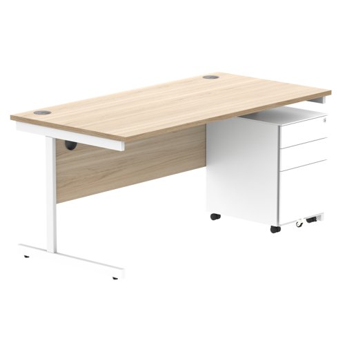 CORE Single Upright Rectangular Desk + Under Desk Steel Pedestal 3 Drawers 1600 X 800 Canadian Oak/White