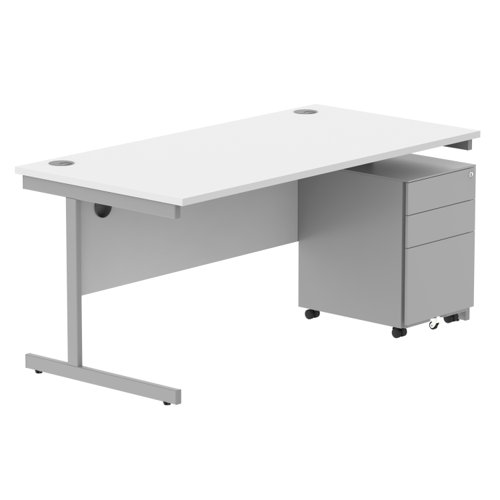 CORE Single Upright Rectangular Desk + Under Desk Steel Pedestal 3 Drawers 1600 X 800 Arctic White/Silver