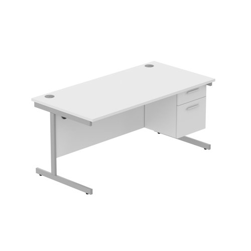 Office Rectangular Desk with Steel Single Upright Cantilever Legs + 2 Drawer Fixed Pedestal (FSC) 1600X800 Arctic White/Silver
