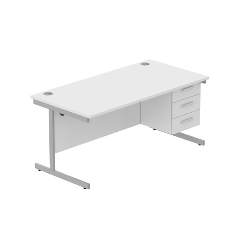 Office Rectangular Desk with Steel Single Upright Cantilever Legs + 3 Drawer Fixed Pedestal (FSC) 1600X800 Arctic White/Silver