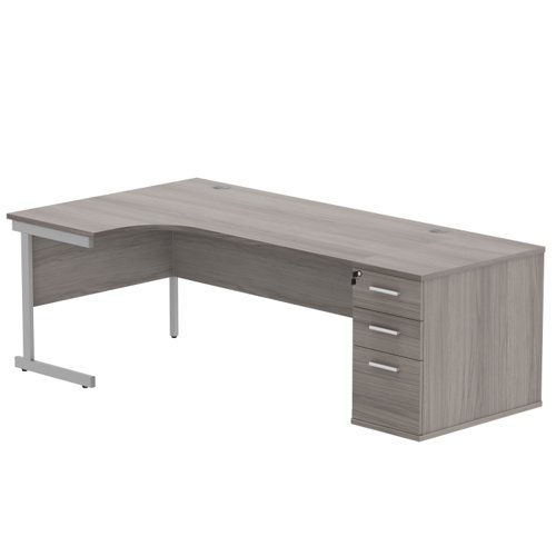 Single Upright Left Hand Radial Desk + Desk High Pedestal 800mm Deep Pedestal 1800 X 1200 Alaskan Grey Oak/Silver