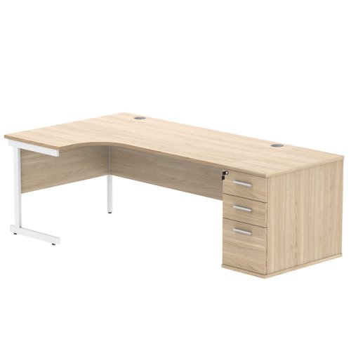 Single Upright Left Hand Radial Desk + Desk High Pedestal (FSC) 800mm Deep Pedestal 1800 X 1200 Canadian Oak/White