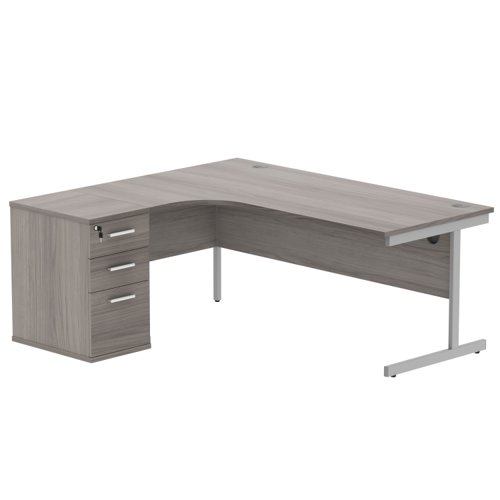 Single Upright Left Hand Radial Desk + Desk High Pedestal (FSC) 600mm Deep Pedestal 1800 X 1200 Alaskan Grey Oak/Silver