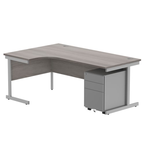 CORE Single Upright Left Hand Radial Desk + Under Desk Steel Pedestal 3 Drawers 1800 X 1200 Alaskan Grey Oak/Silver