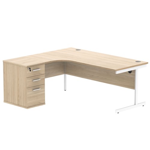 Single Upright Left Hand Radial Desk + Desk High Pedestal (FSC) 600mm Deep Pedestal 1800 X 1200 Canadian Oak/White