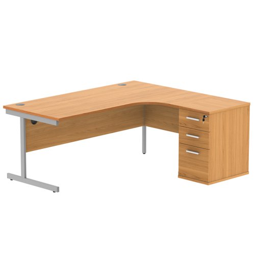 Single Upright Right Hand Radial Desk + Desk High Pedestal (FSC) 600mm Deep Pedestal 1800 X 1200 Norwegian Beech/Silver