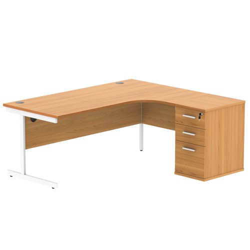 Single Upright Right Hand Radial Desk + Desk High Pedestal (FSC) 600mm Deep Pedestal 1800 X 1200 Norwegian Beech/White