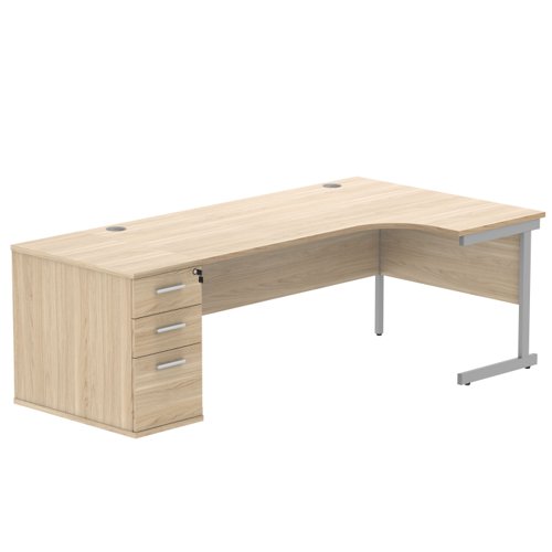 Single Upright Right Hand Radial Desk + Desk High Pedestal (FSC) 800mm Deep Pedestal 1800 X 1200 Canadian Oak/Silver
