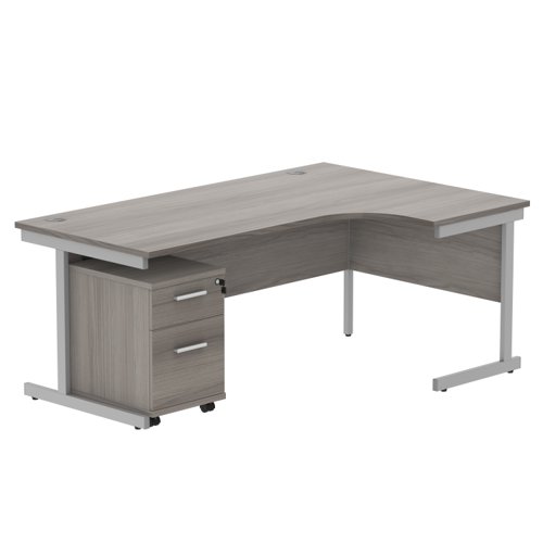 Single Upright Right Hand Radial Desk + 2 Drawer Mobile Under Desk Pedestal (FSC) 1800 X 1200 Alaskan Grey Oak/Silver