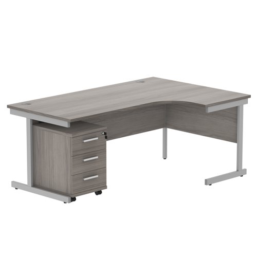 Single Upright Right Hand Radial Desk + 3 Drawer Mobile Under Desk Pedestal (FSC) 1800 X 1200 Alaskan Grey Oak/Silver