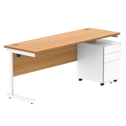 CORE Single Upright Rectangular Desk + Under Desk Steel Pedestal 3 Drawers 1800 X 600 Norwegian Beech/White
