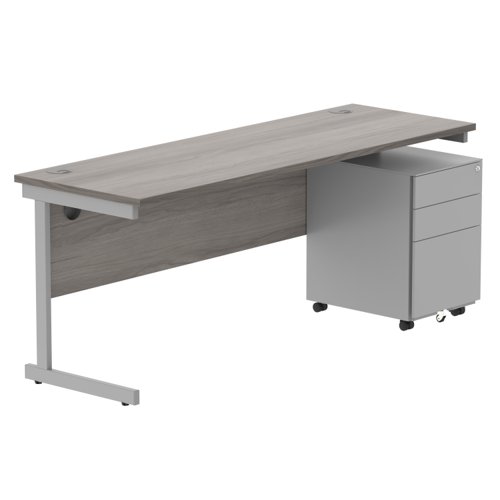CORE Single Upright Rectangular Desk + Under Desk Steel Pedestal 3 Drawers 1800 X 600 Alaskan Grey Oak/Silver
