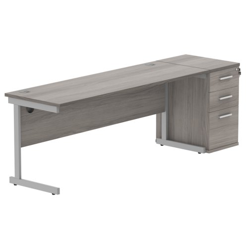 Single Upright Rectangular Desk + Desk High Pedestal 1800 X 600 Alaskan Grey Oak/Silver