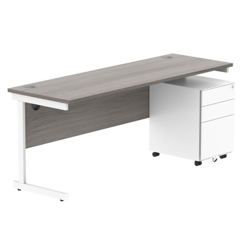 CORE Single Upright Rectangular Desk + Under Desk Steel Pedestal 3 Drawers 1800 X 600 Alaskan Grey Oak/White