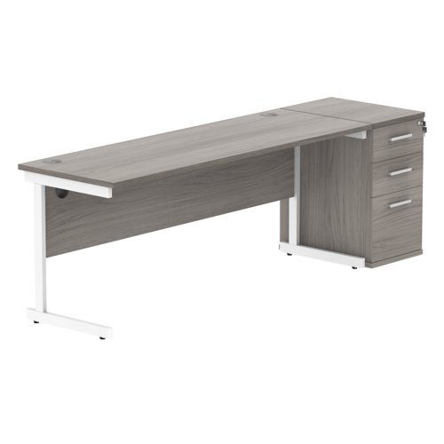 Single Upright Rectangular Desk + Desk High Pedestal 1800 X 600 Alaskan Grey Oak/White