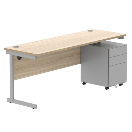 CORE Single Upright Rectangular Desk + Under Desk Steel Pedestal 3 Drawers 1800 X 600 Canadian Oak/Silver