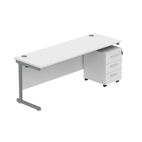 Single Upright Rectangular Desk + 3 Drawer Mobile Under Desk Pedestal (FSC) 1800 X 600 Arctic White/Graphite