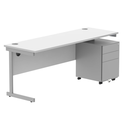 CORE Single Upright Rectangular Desk + Under Desk Steel Pedestal 3 Drawers 1800 X 600 Arctic White/Silver