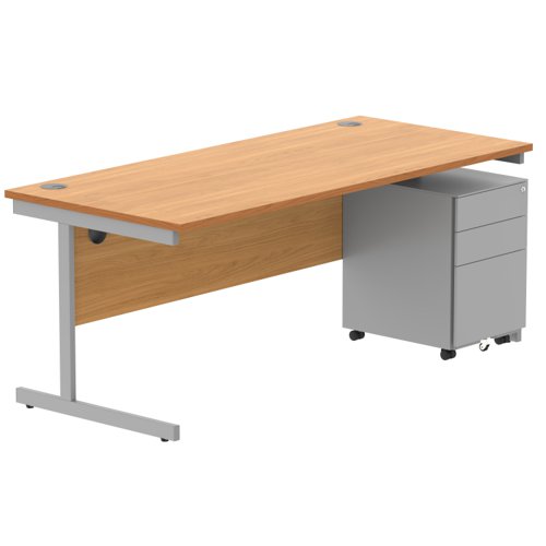 CORE Single Upright Rectangular Desk + Under Desk Steel Pedestal 3 Drawers 1800 X 800 Norwegian Beech/Silver