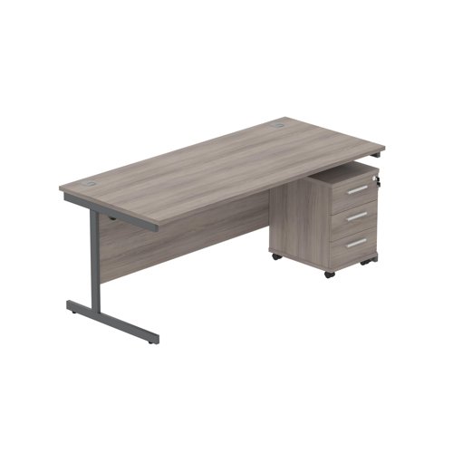 Single Upright Rectangular Desk + 3 Drawer Mobile Under Desk Pedestal  1800 X 800 Alaskan Grey Oak/Graphite