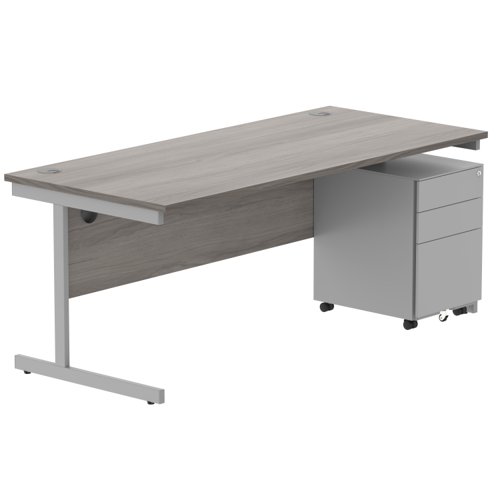 CORE Single Upright Rectangular Desk + Under Desk Steel Pedestal 3 Drawers 1800 X 800 Alaskan Grey Oak/Silver