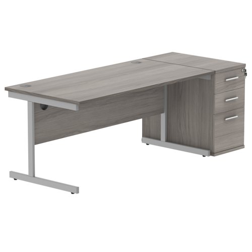 Single Upright Rectangular Desk + Desk High Pedestal 1800 X 800 Alaskan Grey Oak/Silver