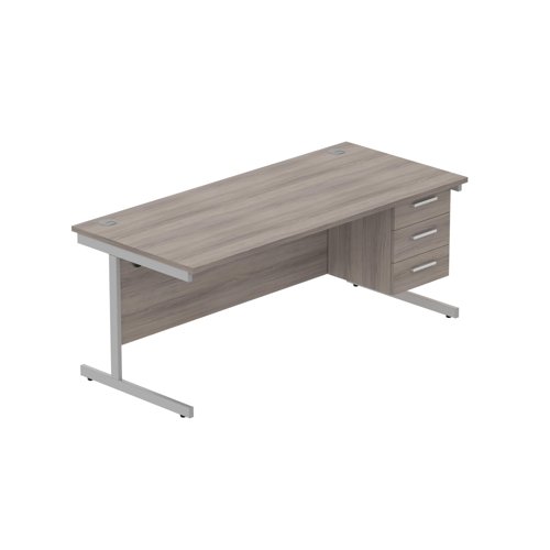 Office Rectangular Desk with Steel Single Upright Cantilever Legs + 3 Drawer Fixed Pedestal (FSC) 1800X800 Alaskan Grey Oak/Silver