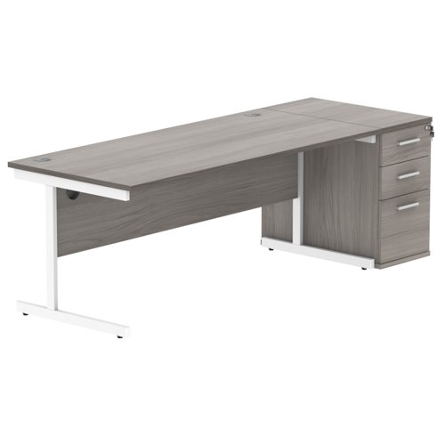 Single Upright Rectangular Desk + Desk High Pedestal 1800 X 800 Alaskan Grey Oak/White