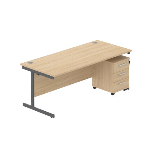 Single Upright Rectangular Desk + 3 Drawer Mobile Under Desk Pedestal (FSC) 1800 X 800 Canadian Oak/Graphite