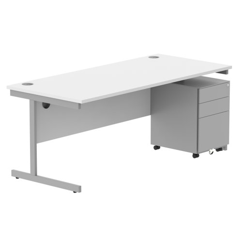 CORE Single Upright Rectangular Desk + Under Desk Steel Pedestal 3 Drawers 1800 X 800 Arctic White/Silver