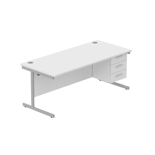 Office Rectangular Desk with Steel Single Upright Cantilever Legs + 3 Drawer Fixed Pedestal  1800X800 Arctic White/Silver