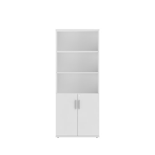 CORECC1980WHT | The Combination Cupboard offer practical and secure storage with sturdy, lockable cupboard doors and soft-close hinges. The design includes a low double-door cupboard with an open shelved section above, perfect for storing files or displaying items. Finished with stylish silver handles, these cupboards provide both functionality and aesthetic appeal, making them ideal for any office environment.