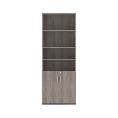 CORECC2200GOAK | The Combination Cupboard offer practical and secure storage with sturdy, lockable cupboard doors and soft-close hinges. The design includes a low double-door cupboard with an open shelved section above, perfect for storing files or displaying items. Finished with stylish silver handles, these cupboards provide both functionality and aesthetic appeal, making them ideal for any office environment.