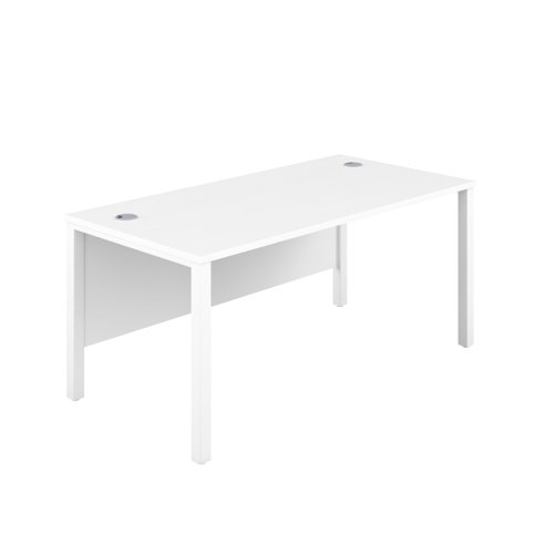 GP1260RECWHWH | The Goal Post Rectangular Desk is the perfect addition to any modern office space. With its ultra-modern goalpost leg design and modesty panel, this desk is both stylish and functional. The rectangular style desk provides ample workspace, while the secure and sturdy frame ensures long-lasting use. The 25mm top thickness and durable, well-joined tops provide a timeless finish that will stand the test of time. Whether you're working on a project or just need a place to organize your thoughts, the Goal Post Rectangular Desk is the perfect solution. So why wait? Invest in your productivity today and experience the benefits of this amazing desk for yourself!