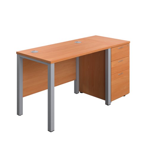 Goal Post Rectangular Desk + 3 Drawer Desk High Pedestal 1000x600 Beech/Silver