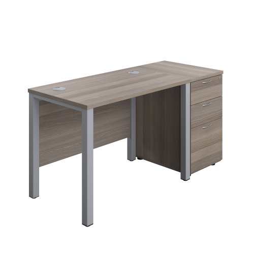 Goal Post Rectangular Desk + 3 Drawer Desk High Pedestal 1000x600 Grey oak/Silver TC Group