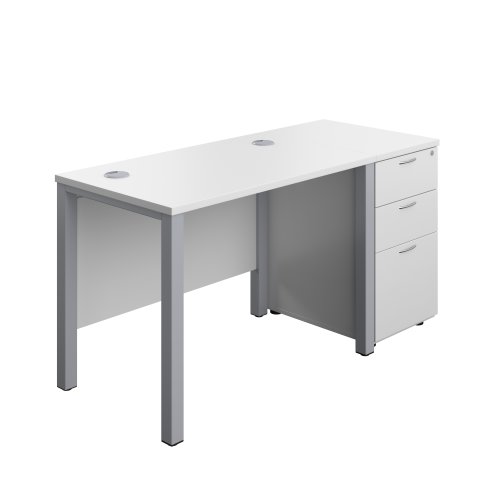 Goal Post Rectangular Desk + 3 Drawer Desk High Pedestal (FSC) 1000x600 White/Silver