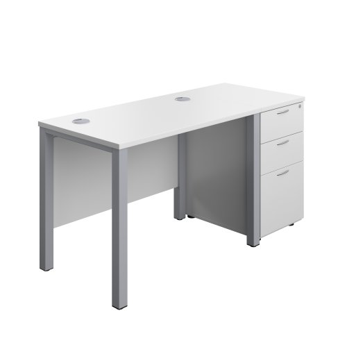 Goal Post Rectangular Desk + 3 Drawer Desk High Pedestal 1000x600 White/Silver TC Group