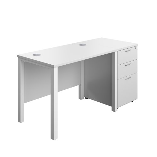 Goal Post Rectangular Desk + 3 Drawer Desk High Pedestal 1000x600 White/White TC Group
