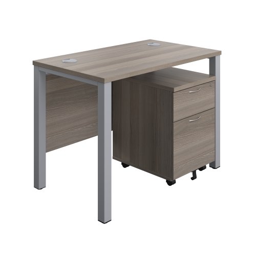 Goal Post Rectangular Desk + 2 Drawer Mobile Pedestal 1000x600 Grey oak/Silver TC Group