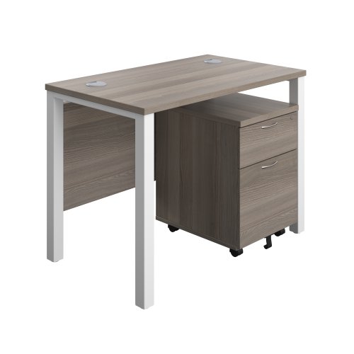 Goal Post Rectangular Desk + 2 Drawer Mobile Pedestal (FSC) 1000x600 Grey oak/White