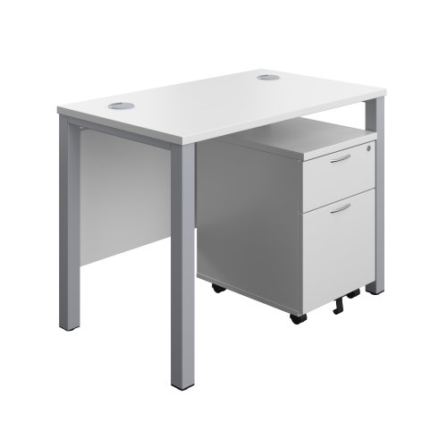 Goal Post Rectangular Desk + 2 Drawer Mobile Pedestal 1000x600 White/Silver TC Group