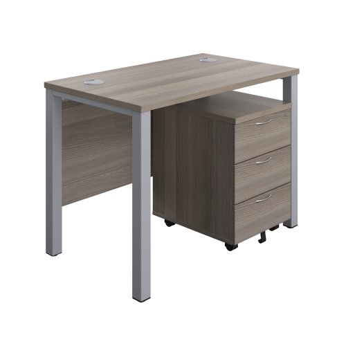 Goal Post Rectangular Desk + 3 Drawer Mobile Pedestal 1000x600 Grey oak/Silver TC Group